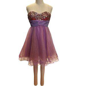 Strapless Sequined Chicas Dress S Purple Tulle & Satin Made In China Short Prom